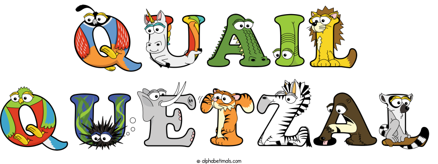 Quail Quetzal animal word art spelling Quail Quetzal with Alphabetimals - cartoon alphabet animals