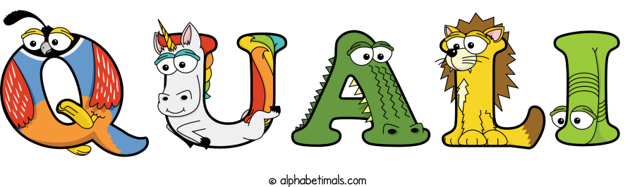 Quali animal word art spelling Quali with Alphabetimals cartoon alphabet animals
