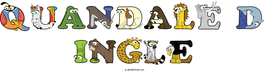 Quandale D Ingle animal word art spelling Quandale D Ingle with Alphabetimals - cartoon alphabet animals