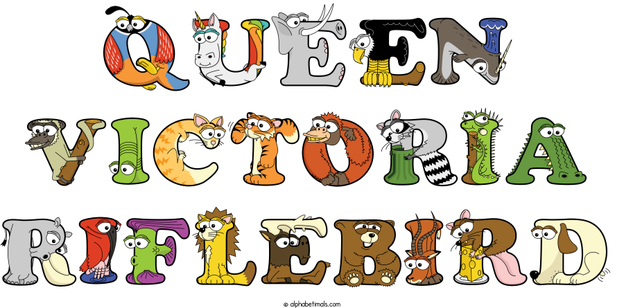 Queen Victoria Riflebird animal word art spelling Queen Victoria Riflebird with Alphabetimals - cartoon alphabet animals