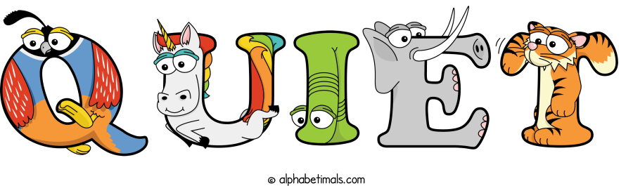 Quiet animal word art spelling Quiet with Alphabetimals - cartoon alphabet animals