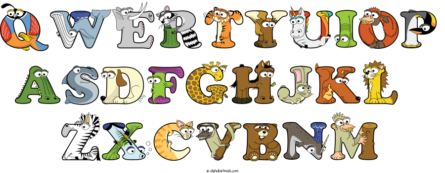 Qwertyuiop Asdfghjkl  Zxcvbnm animal word art spelling Qwertyuiop Asdfghjkl  Zxcvbnm with Alphabetimals - cartoon alphabet animals