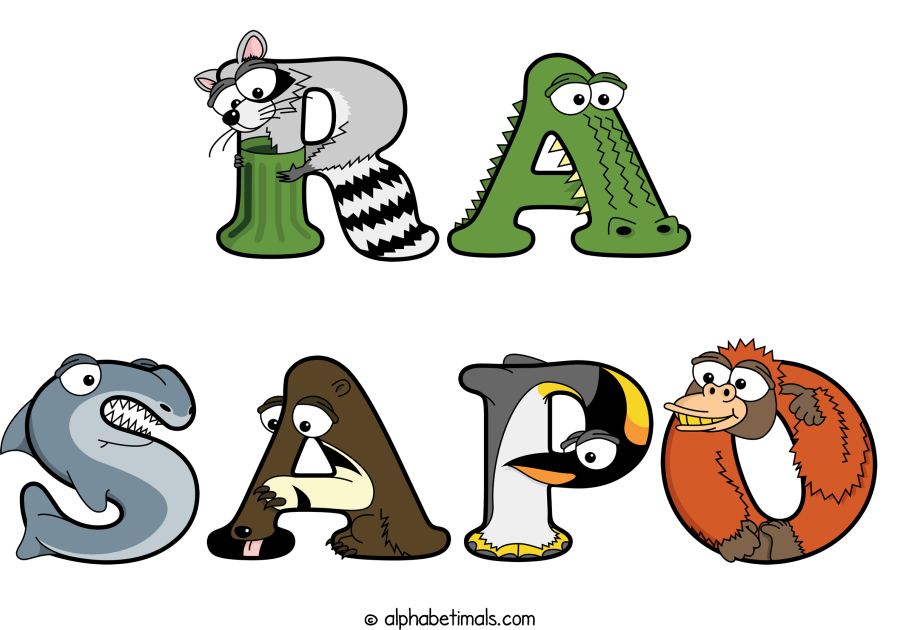 Ra Sapo animal word art spelling Ra Sapo with Alphabetimals - cartoon alphabet animals