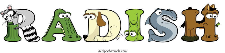 Radish animal word art spelling Radish with Alphabetimals - cartoon alphabet animals