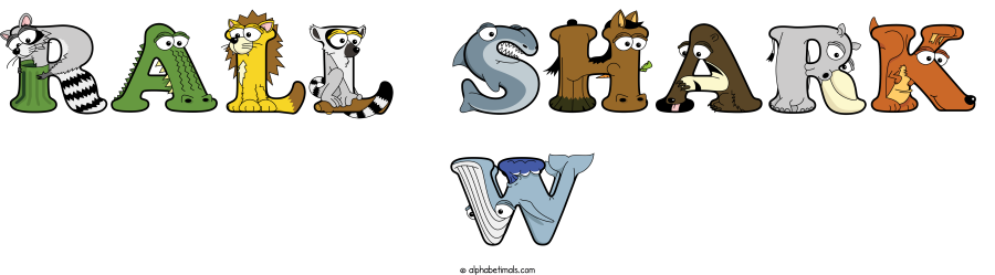Rall Shark  W animal word art spelling Rall Shark  W with Alphabetimals - cartoon alphabet animals
