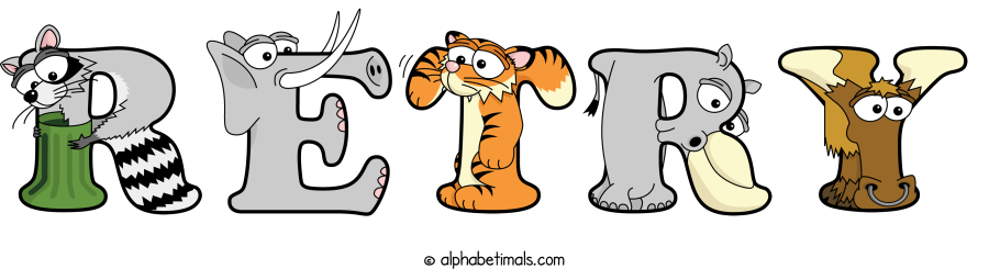 Retry animal word art spelling Retry with Alphabetimals - cartoon alphabet animals