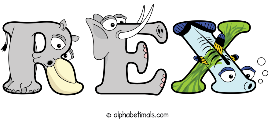 Rex animal word art spelling Rex with Alphabetimals - cartoon alphabet animals