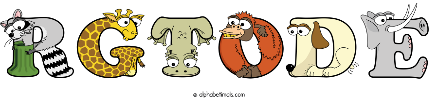 Rgtode animal word art spelling Rgtode with Alphabetimals - cartoon alphabet animals