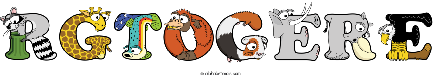 Rgtogere animal word art spelling Rgtogere with Alphabetimals - cartoon alphabet animals