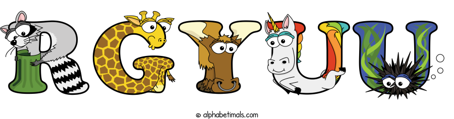 Rgyuu animal word art spelling Rgyuu with Alphabetimals - cartoon alphabet animals
