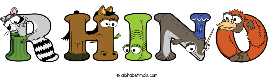 Rhino animal word art spelling Rhino with Alphabetimals - cartoon alphabet animals