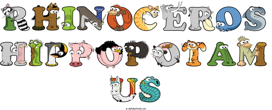 Rhinoceros Hippopotam Us animal word art spelling Rhinoceros Hippopotam Us with Alphabetimals - cartoon alphabet animals