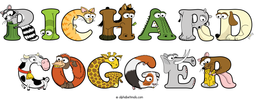 Richard Cogger animal word art spelling Richard Cogger with Alphabetimals - cartoon alphabet animals