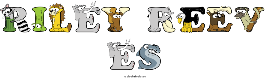 Riley Reev Es animal word art spelling Riley Reev Es with Alphabetimals - cartoon alphabet animals