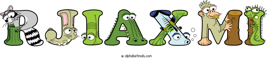 Rjiaxmi animal word art spelling Rjiaxmi with Alphabetimals - cartoon alphabet animals