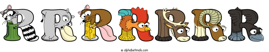 Rrrrrrr animal word art spelling Rrrrrrr with Alphabetimals - cartoon alphabet animals