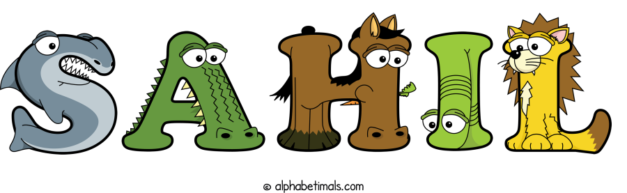 Sahil animal word art spelling Sahil with Alphabetimals - cartoon alphabet animals
