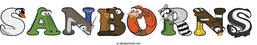 Sanborns animal word art spelling Sanborns with Alphabetimals - cartoon alphabet animals