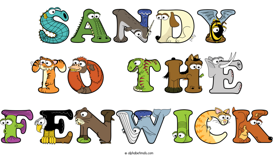Sandy To The Fenwick animal word art spelling Sandy To The Fenwick with Alphabetimals - cartoon alphabet animals