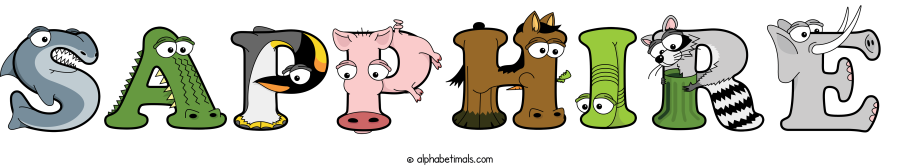 Sapphire animal word art spelling Sapphire with Alphabetimals - cartoon alphabet animals