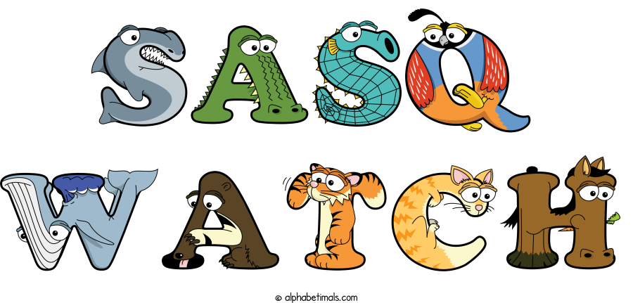 Sasq Watch animal word art spelling Sasq Watch with Alphabetimals - cartoon alphabet animals