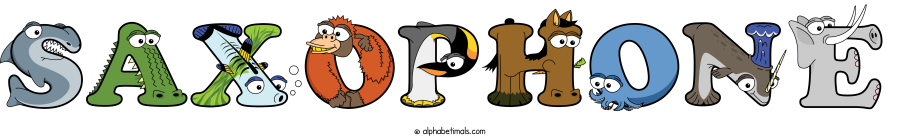 Saxophone animal word art spelling Saxophone with Alphabetimals - cartoon alphabet animals
