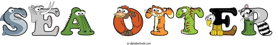Sea Otter animal word art spelling Sea Otter with Alphabetimals - cartoon alphabet animals