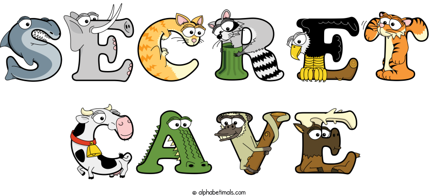 Secret Cave animal word art spelling Secret Cave with Alphabetimals - cartoon alphabet animals