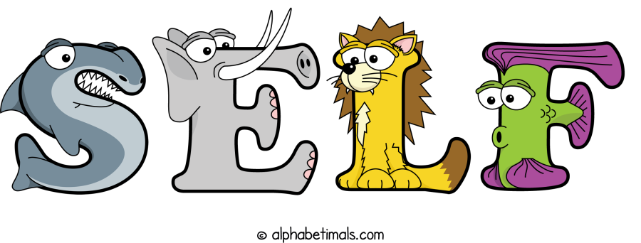 Self animal word art spelling Self with Alphabetimals - cartoon alphabet animals