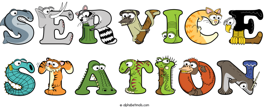 Service Station animal word art spelling Service Station with Alphabetimals - cartoon alphabet animals