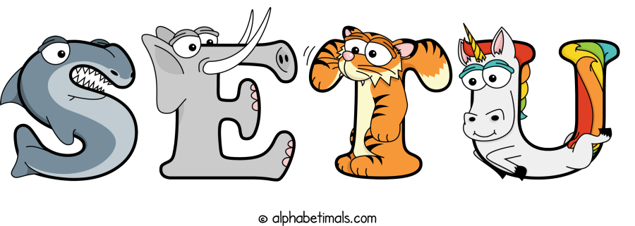 Setu animal word art spelling Setu with Alphabetimals - cartoon alphabet animals
