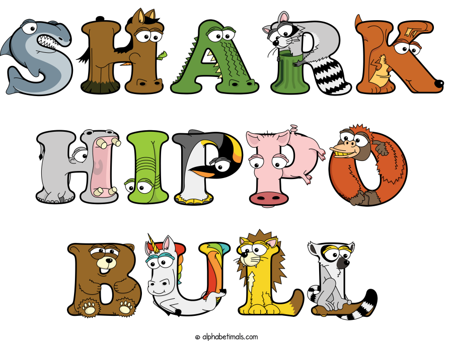 Shark Hippo Bull animal word art spelling Shark Hippo Bull with Alphabetimals - cartoon alphabet animals