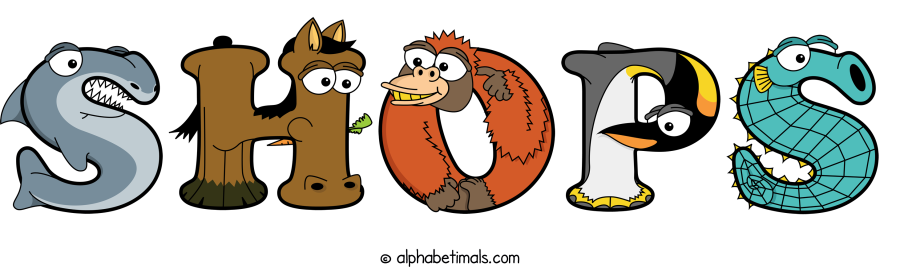 Shops animal word art spelling Shops with Alphabetimals - cartoon alphabet animals
