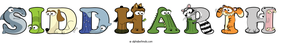 Siddharth animal word art spelling Siddharth with Alphabetimals - cartoon alphabet animals