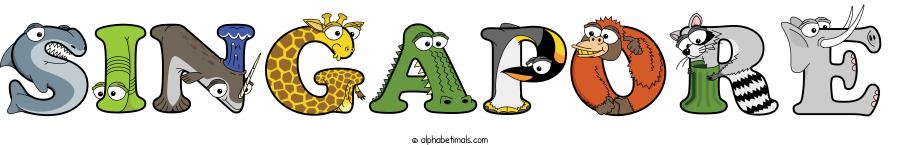 Singapore animal word art spelling Singapore with Alphabetimals - cartoon alphabet animals