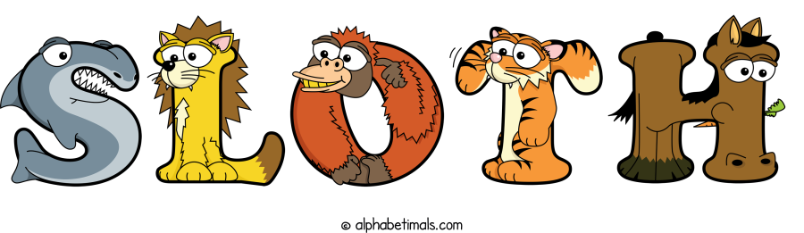 Sloth animal word art spelling Sloth with Alphabetimals - cartoon alphabet animals
