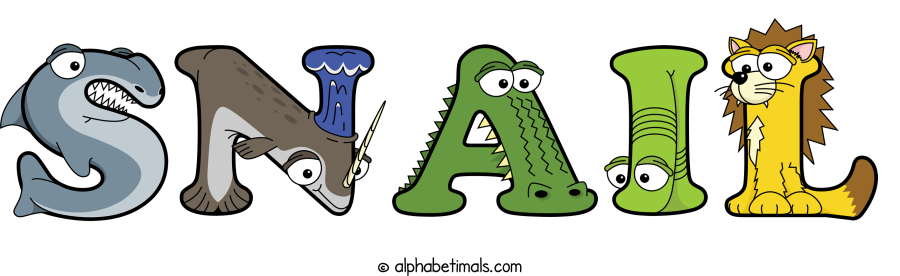 Snail animal word art spelling Snail with Alphabetimals - cartoon alphabet animals