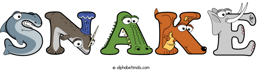 Snake animal word art spelling Snake with Alphabetimals cartoon alphabet animals