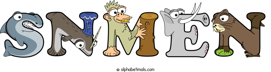 Snmen animal word art spelling Snmen with Alphabetimals - cartoon alphabet animals