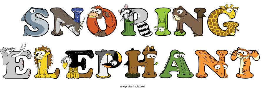 Snoring Elephant animal word art spelling Snoring Elephant with Alphabetimals - cartoon alphabet animals