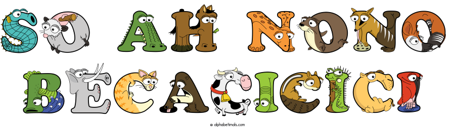So Ah Nono Becacicici animal word art spelling So Ah Nono Becacicici with Alphabetimals - cartoon alphabet animals
