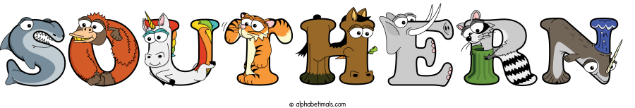 Southern animal word art spelling Southern with Alphabetimals - cartoon alphabet animals