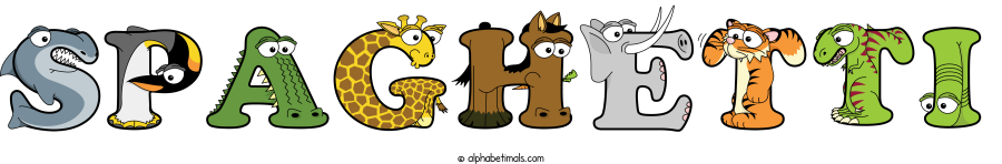 Spaghetti animal word art spelling Spaghetti with Alphabetimals - cartoon alphabet animals