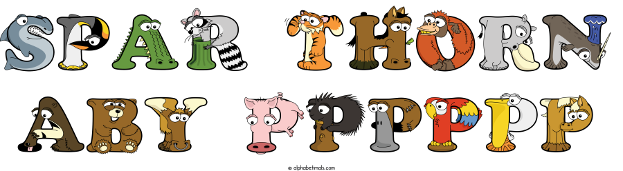 Spar Thorn Aby Pppppp animal word art spelling Spar Thorn Aby Pppppp with Alphabetimals - cartoon alphabet animals