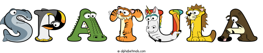 Spatula animal word art spelling Spatula with Alphabetimals - cartoon alphabet animals