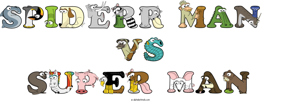 Spiderr Man  Vs Super Man animal word art spelling Spiderr Man  Vs Super Man with Alphabetimals - cartoon alphabet animals