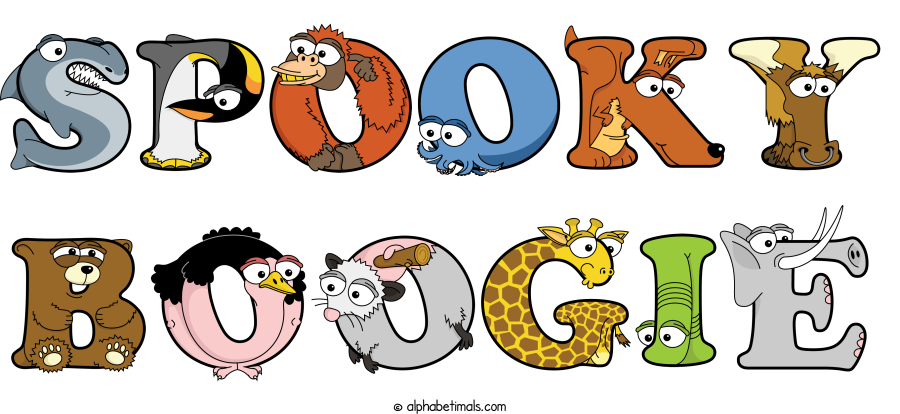 Spooky Boogie animal word art spelling Spooky Boogie with Alphabetimals - cartoon alphabet animals