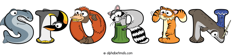 Sportn animal word art spelling Sportn with Alphabetimals - cartoon alphabet animals