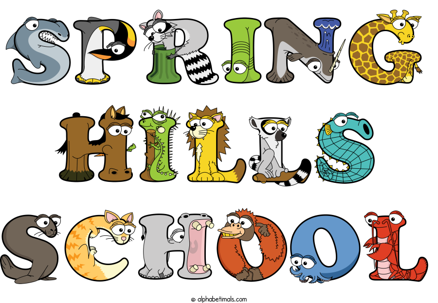 Spring Hills School animal word art spelling Spring Hills School with Alphabetimals - cartoon alphabet animals