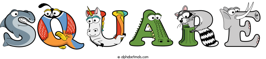 Square animal word art spelling Square with Alphabetimals - cartoon alphabet animals